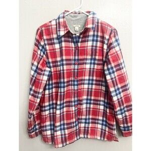 L.L. Bean Fleece-Lined Flannel Red Blue Plaid Jacket Shirt Size Small Boxy Top